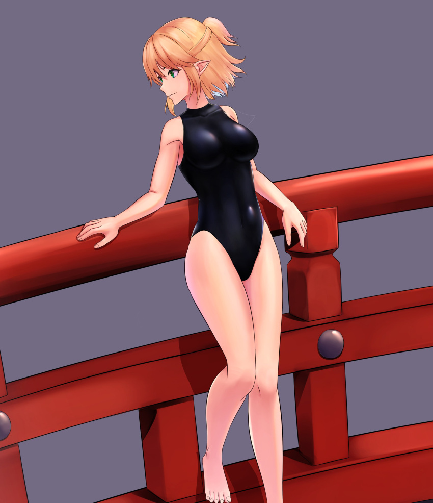 absurdres barefoot bikini black_one-piece_swimsuit blonde_hair breasts cleavage covered_navel feet_out_of_frame female green_eyes grey_background half_updo highres leaning_back looking_to_the_side medium_breasts mikotouca mizuhashi_parsee one-piece_swimsuit pointy_ears short_hair solo swimsuit touhou turtleneck turtleneck_one-piece_swimsuit