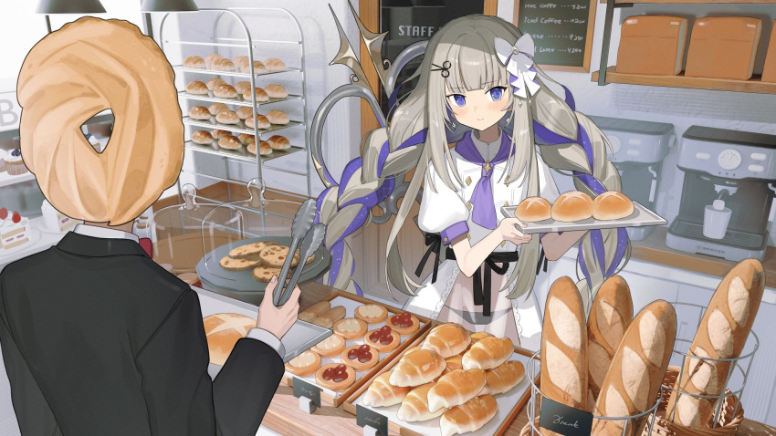 amanogawa_shiina baguette bakery black_panties black_ribbon bow braid bread buttons cake closed_mouth commission cookie cupcake double-breasted espresso_machine female food grey_hair hair_ornament hairbow highres holding holding_tongs holding_tray jacket loaf_of_bread long_hair menu neckerchief negoto_o panties phase_connect purple_eyes purple_hair purple_neckerchief ribbon scissors_hair_ornament second-party_source see-through_clothes shop skeb_commission smile suit tongs tray twin_braids underwear virtual_youtuber white_bow white_jacket