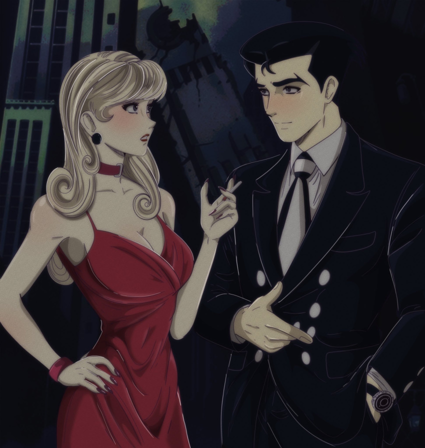 1boy angel_(big_o) black_eyes black_hair black_jacket blonde_hair blush breasts building choker cleavage closed_mouth collarbone collared_shirt dress female fingernails hand_in_pocket highres jacket lipstick long_hair makeup megadeus_mommy red_choker red_dress red_lips red_nails red_wristband roger_smith ruins shirt skyscraper the_big_o vertical-striped_neckerchief watch white_shirt wristwatch