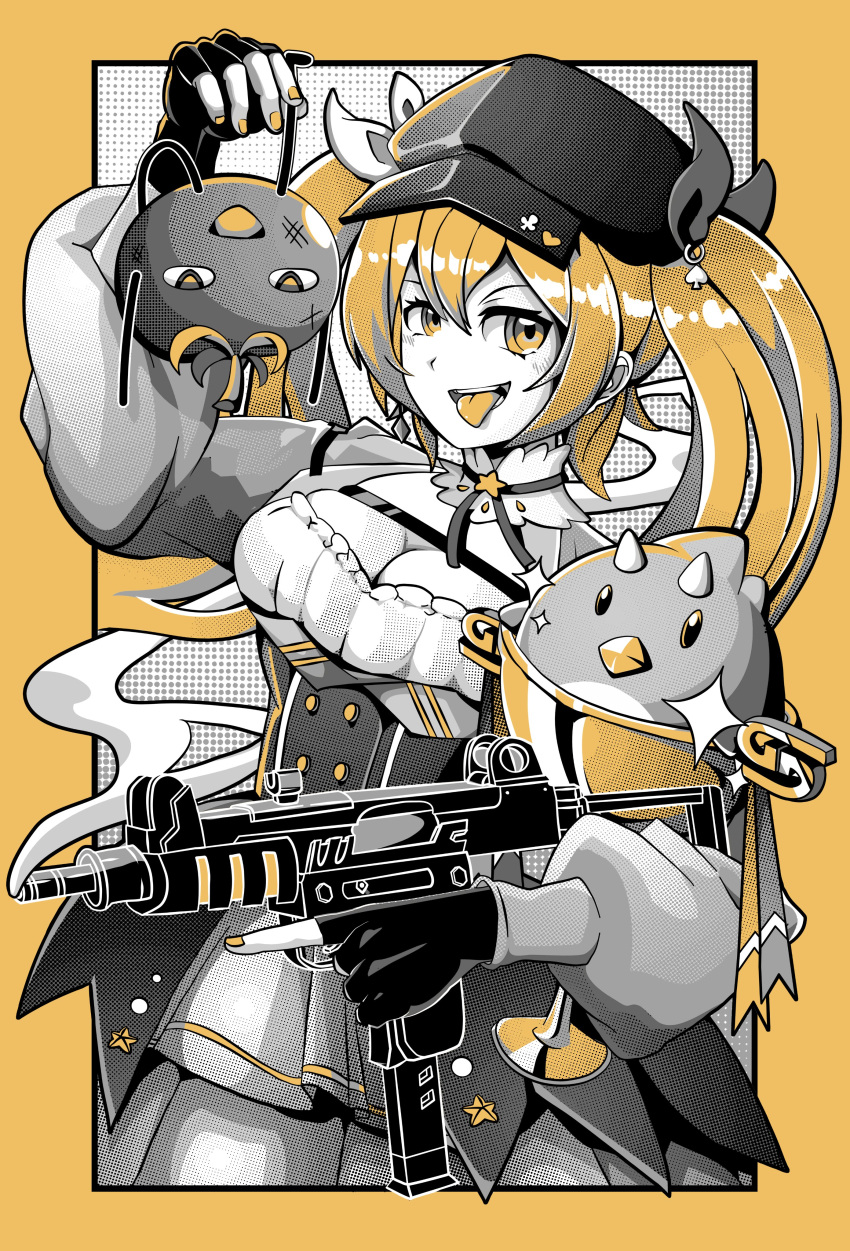 absurdres bird blonde_hair breasts chest_strap cleavage colored_tongue corset dokibird_(vtuber) dokibird_(vtuber)_(tomato) female fingerless_gloves gamer_supps gloves grimsilverse gun hat highres holding holding_gun holding_trophy holding_weapon indie_virtual_youtuber long_hair partially_colored skirt smoke smoking_barrel star_ornament submachine_gun tongue tongue_out trophy twintails upside-down virtual_youtuber weapon yellow_eyes yellow_nails yellow_tongue