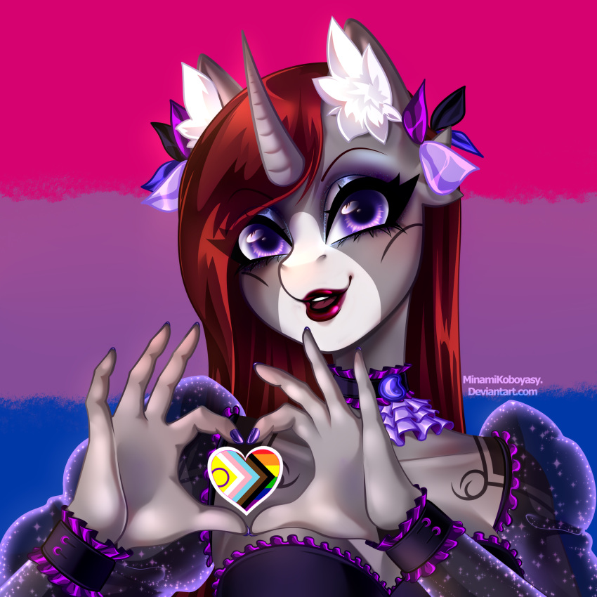 1:1 absurd_res alternative_fashion anthro bisexual bow_ribbon clothing dress ear_piercing equid equine female gesture goth hasbro heart_gesture heart_symbol hi_res horn inner_ear_fluff lgbt_pride lgbt_pride_month male mammal markings minamikoboyasy my_little_pony mythological_creature mythological_equine mythology piercing selune_darkeye smile smiling_at_viewer snip_(marking) solo text tuft unicorn unicorn_horn url