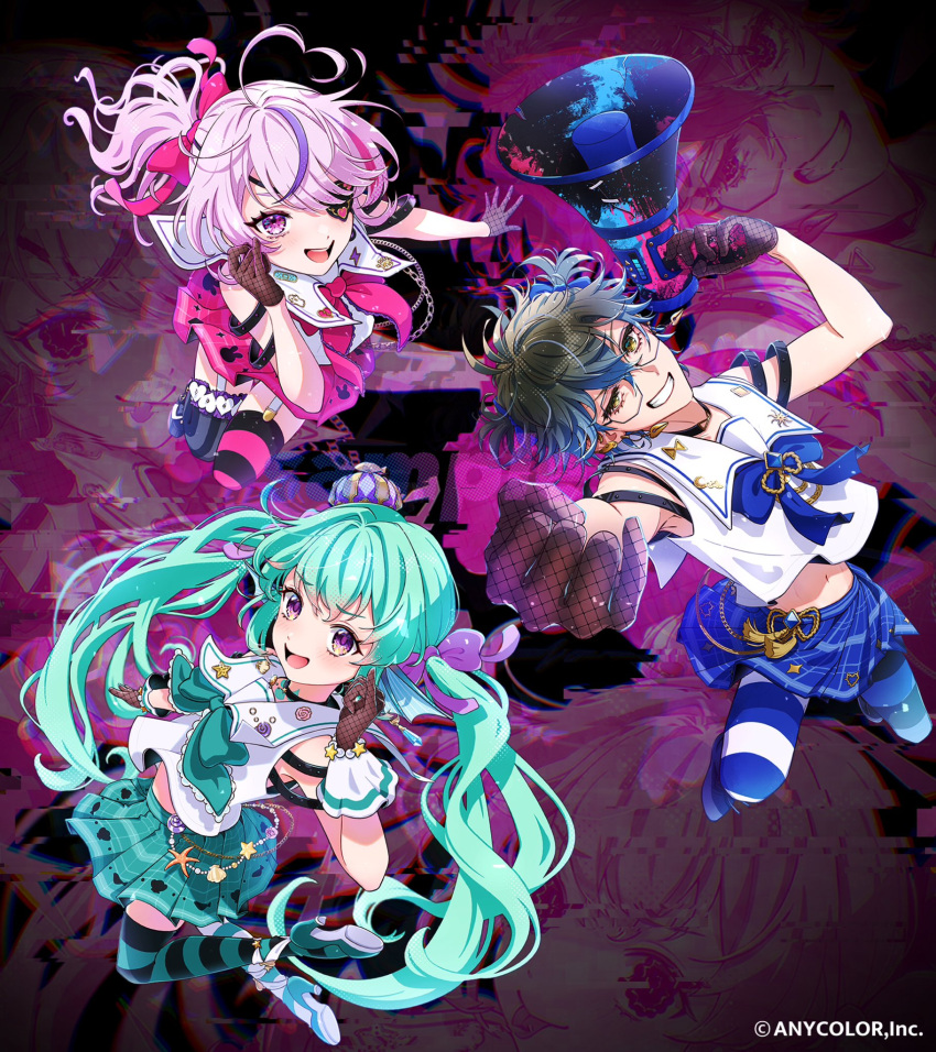 1boy 2girls ahoge aqua_hair asymmetrical_legwear black_hair blue_hair blush copyright_notice crossdressing eyepatch finana_ryugu fishnet_gloves fishnets garter_straps glitch gloves gradient_hair grin heart heart_ahoge high_heels highres holding holding_megaphone ike_eveland long_hair looking_at_viewer maria_marionette megaphone mismatched_legwear mugimugigo multicolored_hair multiple_girls navel nijisanji nijisanji_en official_art open_mouth pink_eyes pink_hair ponytail purple_eyes sample_watermark scales school_uniform serafuku short_hair smile streaked_hair striped_clothes striped_thighhighs thighhighs twintails very_long_hair virtual_youtuber watermark yellow_eyes