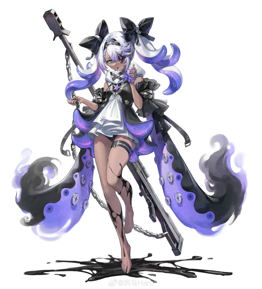 :p absurdres animal anti-materiel_rifle bare_shoulders barefoot black_bow black_dress black_liquid black_panties black_sleeves bolt_action bow chains colored_inner_hair colored_tongue cowboy_shot dark-skinned_female dark_skin detached_sleeves dress female flower_eyepatch girls'_frontline gradient_hair grey_eyes gun hairbow hand_up highres holding holding_animal hs.50_(girls'_frontline) leg_up long_hair looking_at_viewer multicolored_hair octopus official_alternate_costume official_art panties pantyshot purple_hair purple_tongue rifle sawamaharu short_dress sniper_rifle solo standing standing_on_one_leg steyr_hs_.50 tachi-e tentacle tentacle_hair thigh_strap tongue tongue_out two-tone_dress underwear weapon weibo_logo weibo_watermark white_background white_dress white_hair