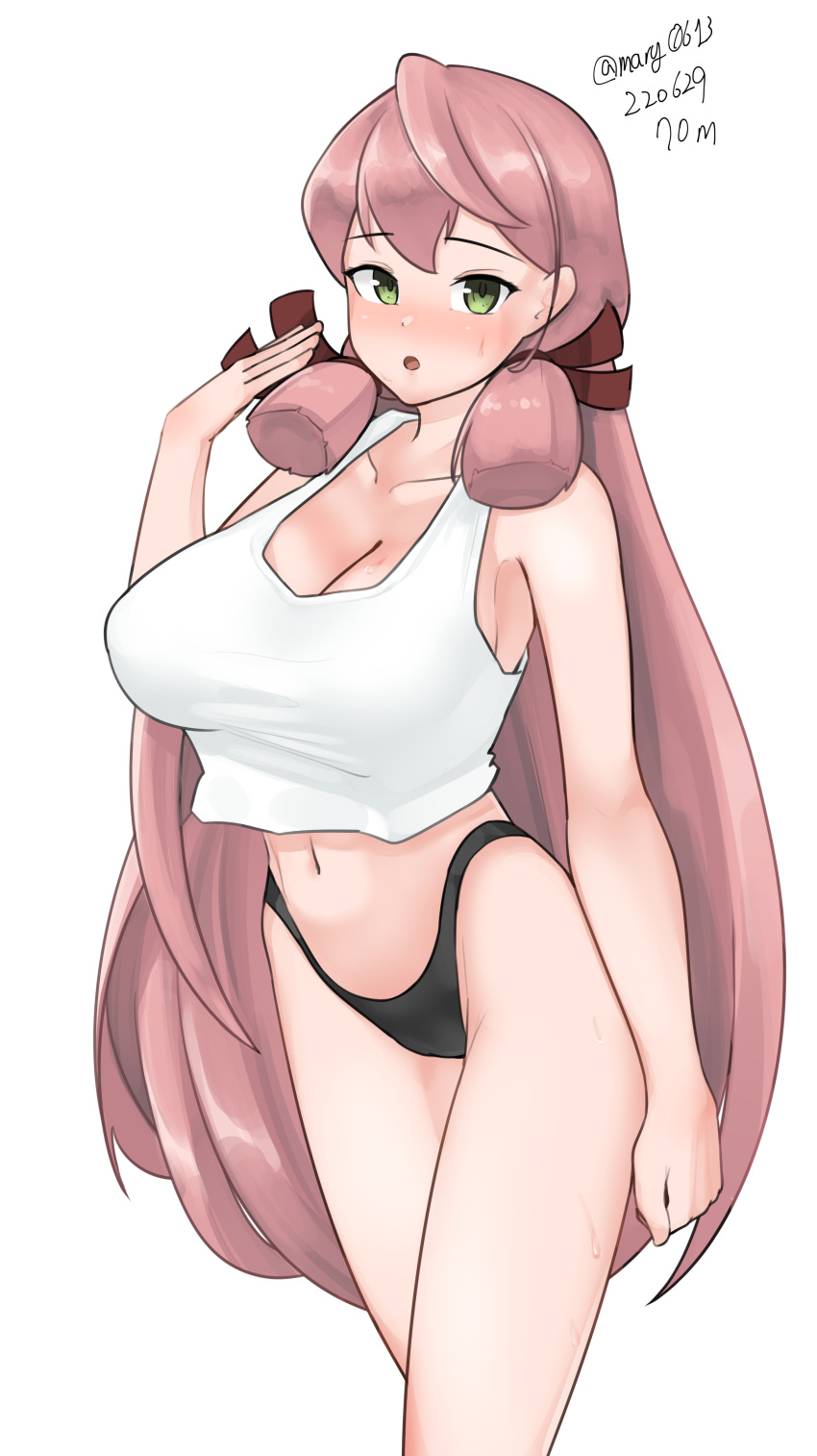 absurdres akashi_(kancolle) black_panties blunt_tresses breasts cleavage cowboy_shot dated female green_eyes hair_ribbon highres kantai_collection large_breasts long_hair maru_(marg0613) navel one-hour_drawing_challenge panties pink_hair ribbon simple_background solo standing tank_top tress_ribbon underwear white_background white_tank_top