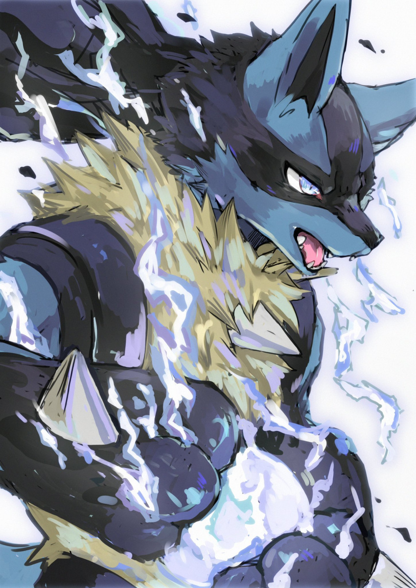 anthro ao_gravity aura_sphere biped black_body black_fur blue_body blue_eyes blue_fur chest_spike detailed fight fur generation_4_pokemon half_body hi_res lucario male nintendo open_mouth pokemon pokemon_(species) simple_background solo spiked_hands spikes spikes_(anatomy) white_background yellow_body yellow_fur