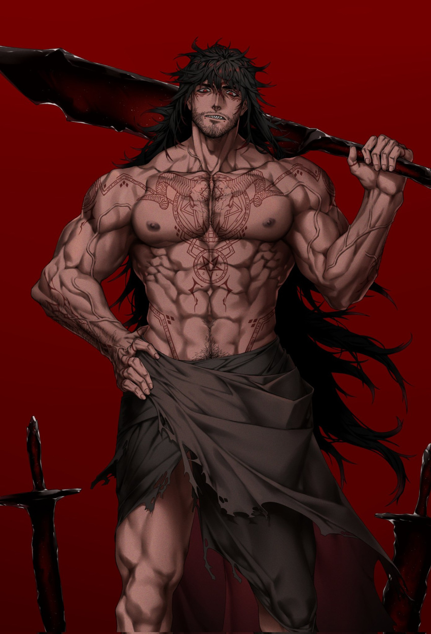 1boy abs bara beard black_hair dobek_k facial_hair fangs full-body_tattoo hand_on_own_hip highres holding holding_sword holding_weapon large_pectorals long_hair male_focus manly mature_male muscular muscular_male nipples over_shoulder pectorals pubic_hair red_background red_eyes scp-076-2 scp_foundation simple_background skirt solo spiked_hair sword sword_over_shoulder tattoo teeth thick_arms thick_eyebrows thick_thighs thighs topless_male veins weapon weapon_over_shoulder