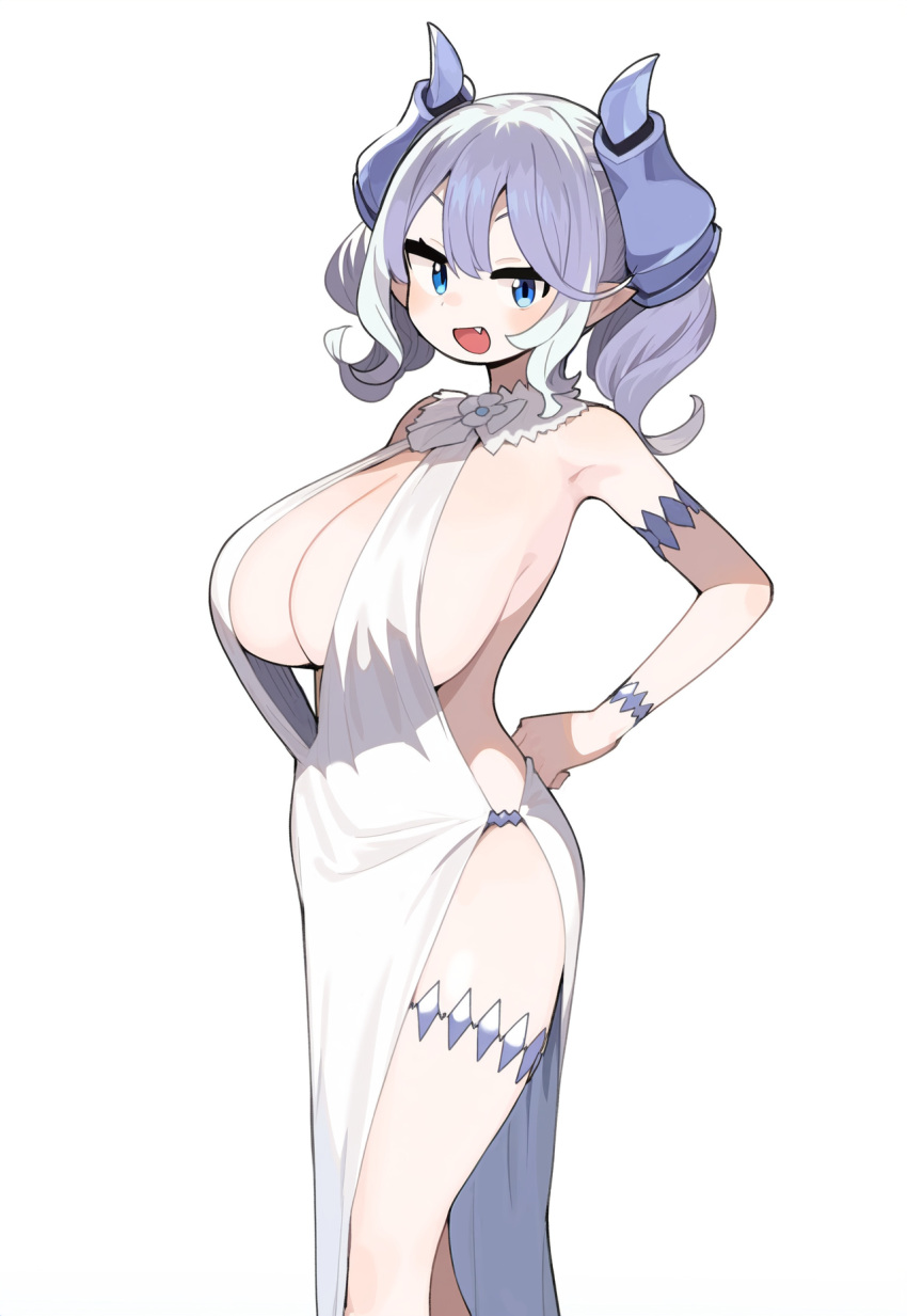 :d adapted_costume ai-generated ako_(blue_archive) ako_(blue_archive)_(cosplay) ako_(dress)_(blue_archive) bad_id bad_pixiv_id blue_archive blue_eyes blue_horns breasts cleavage commentary commission cosplay duel_monster female highres hiita_(hitta_99) horns large_breasts looking_at_viewer lovely_labrynth_of_the_silver_castle oerba_yun_fang open_mouth pixiv_commission plunging_neckline pointy_ears short_hair simple_background skin_fang smile solo standing thighs twintails white_background white_hair yu-gi-oh!