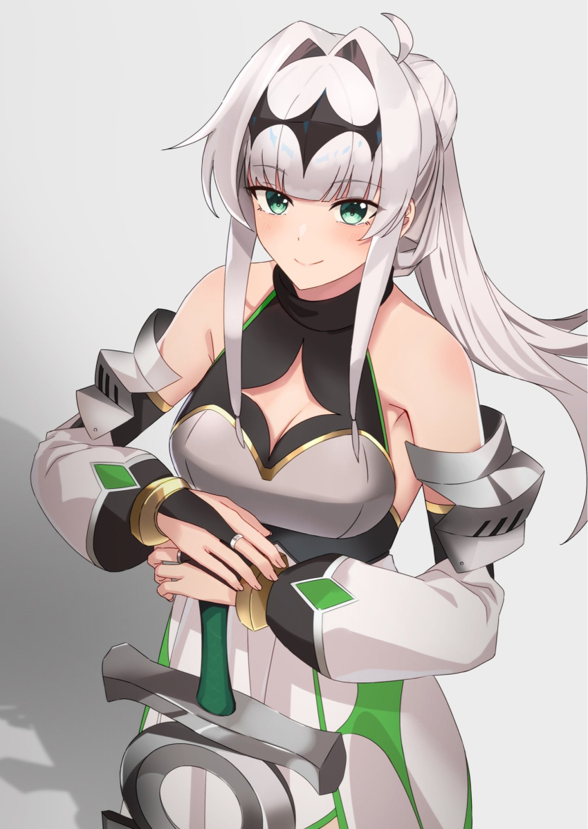 arm_armor armor bare_shoulders black_gloves black_shirt blush breasts bridal_gauntlets circlet cleavage_cutout closed_mouth clothing_cutout coeiroink commentary_request croix-chan detached_sleeves elbow_gloves female from_above fujifuji0330 gloves green_eyes grey_background hair_intakes halter_shirt halterneck hands_on_hilt highres long_hair looking_at_viewer looking_up medium_breasts own_hands_together planted planted_sword ponytail shadow shirt sidelocks simple_background skirt smile solo star_cutout sword weapon white_hair white_skirt