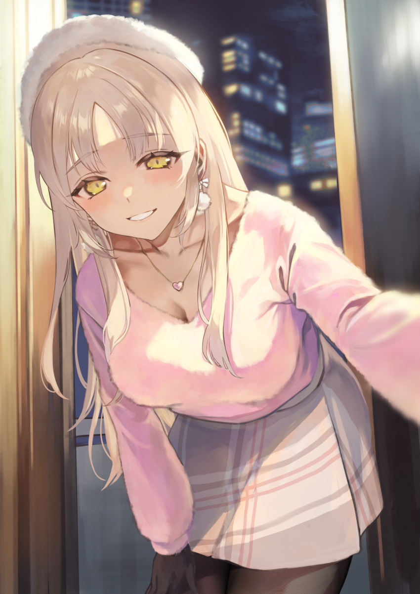 black_gloves black_pantyhose blonde_hair blush breasts casual cleavage collarbone doorway earrings female fur_hat fur_shirt gloves grey_skirt hat highres jewelry large_breasts leaning_forward long_hair nijisanji official_alternate_costume otsudou pantyhose pink_shirt pom_pom_(clothes) pom_pom_earrings pov_doorway shirt sister_claire sister_claire_(4th_costume) skirt smile solo very_long_hair virtual_youtuber