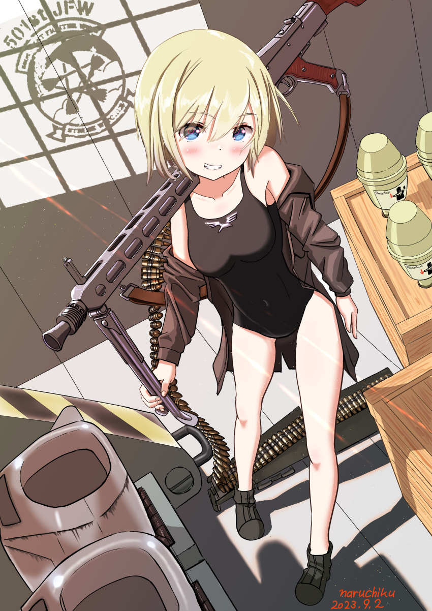 absurdres black_footwear black_one-piece_swimsuit blonde_hair blue_eyes blush box breasts casual_one-piece_swimsuit erica_hartmann female full_body grey_jacket grin gun highres jacket logo machine_gun mg42 naruchisukisuki nose_blush one-piece_swimsuit small_breasts smile solo standing strike_witches swimsuit weapon world_witches_series