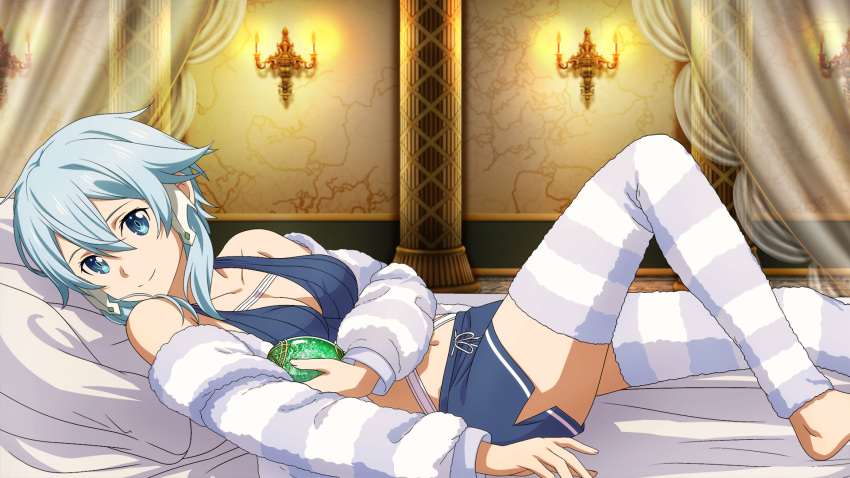 barefoot bed_sheet blue_eyes blue_hair bra breasts candelabra candlestand cardigan cleavage closed_mouth curtains dolphin_shorts female game_cg grey_bra grey_shorts hair_between_eyes hair_tubes highres indoors leg_warmers looking_at_viewer lying medium_breasts navel official_art on_back pillow short_hair_with_long_locks short_shorts shorts sinon sinon_(solus) sleepwear smile solo striped_cardigan striped_leggings sword_art_online sword_art_online:_alicization sword_art_online:_alicization_-_war_of_underworld sword_art_online_last_recollection underwear