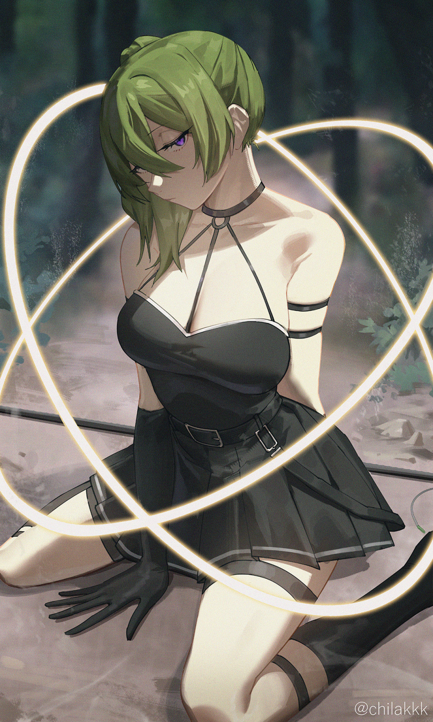 arm_strap armlet bare_shoulders belt black_belt black_dress black_gloves breasts chilakkk choker cleavage closed_mouth commentary_request dress female gloves green_hair hair_between_eyes highres large_breasts long_hair looking_at_viewer mage_staff pleated_dress purple_eyes short_dress side_ponytail single_glove sitting skirt solo sorganeil sousou_no_frieren suspenders_hanging thigh_strap thighs ubel_(sousou_no_frieren) wariza