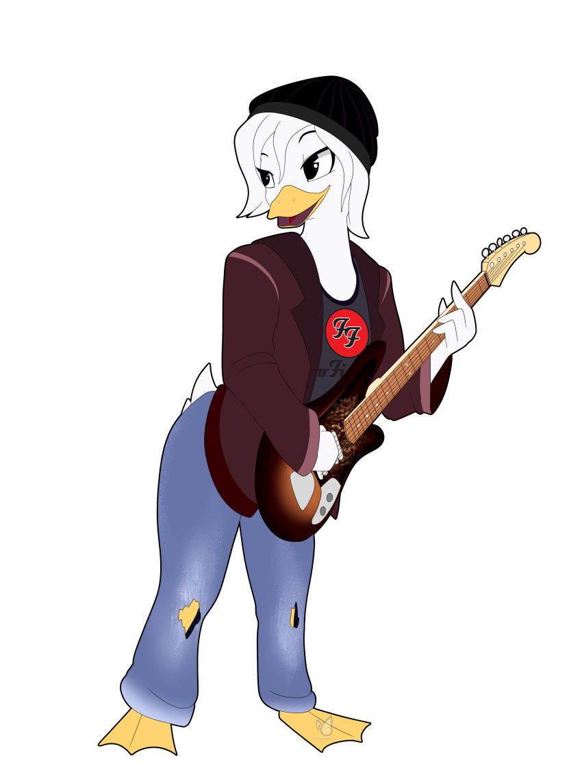 3:4 90s_clothing absurd_res alpha_channel anatid anseriform anthro avian band_merch bird blueondrive bottomwear clothing daisy_duck denim denim_bottomwear denim_clothing disney duck ducktales ducktales_(2017) electric_guitar female fender_jaguar fender_musical_instruments_corporation foo_fighters guitar guitarist hi_res jeans musical_instrument musician pants playing_guitar playing_music plucked_string_instrument rock_(genre) shoeless simple_background singer solo string_instrument torn_bottomwear torn_clothing torn_jeans torn_pants transparent_background