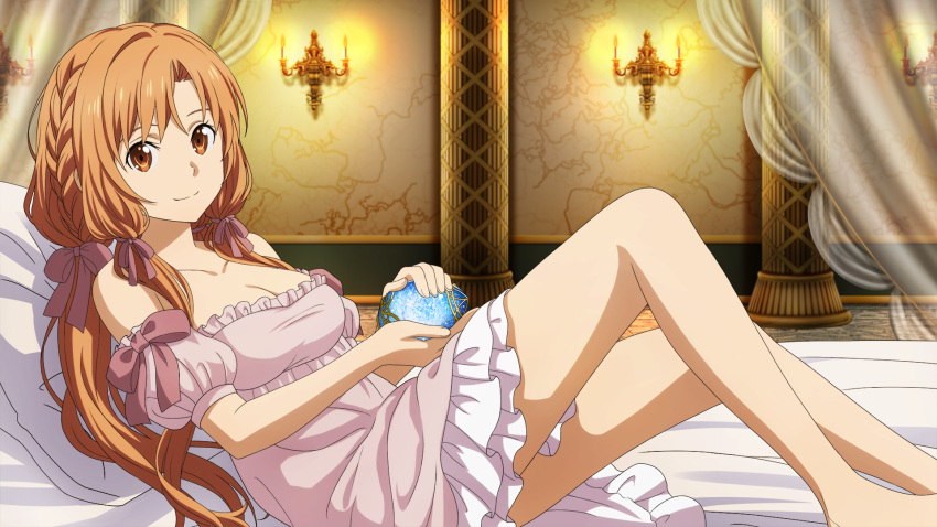 asuna_(sao) bare_legs bed_sheet braid breasts brown_eyes brown_hair candelabra candlestand cleavage closed_mouth curtains dress female game_cg hair_ribbon highres indoors layered_dress long_hair looking_at_viewer medium_breasts multicolored_clothes multicolored_dress off-shoulder_dress off_shoulder official_art pillow pink_dress pink_ribbon pink_sleeves ribbon short_dress short_sleeves sleepwear smile solo sword_art_online sword_art_online_last_recollection very_long_hair white_dress