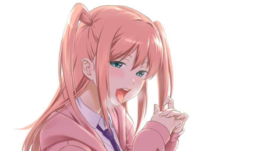 aoki_kanji blazer blush breasts cardigan female hair_between_eyes half-closed_eyes hood hoodie jacket long_hair looking_at_viewer low_twintails naughty_face necktie nemoto_hina open_mouth pink_hair pink_hoodie purple_necktie school_uniform shirt simple_background solo tongue tongue_out twintails two_side_up upper_body watashi_ga_motenai_no_wa_dou_kangaetemo_omaera_ga_warui!