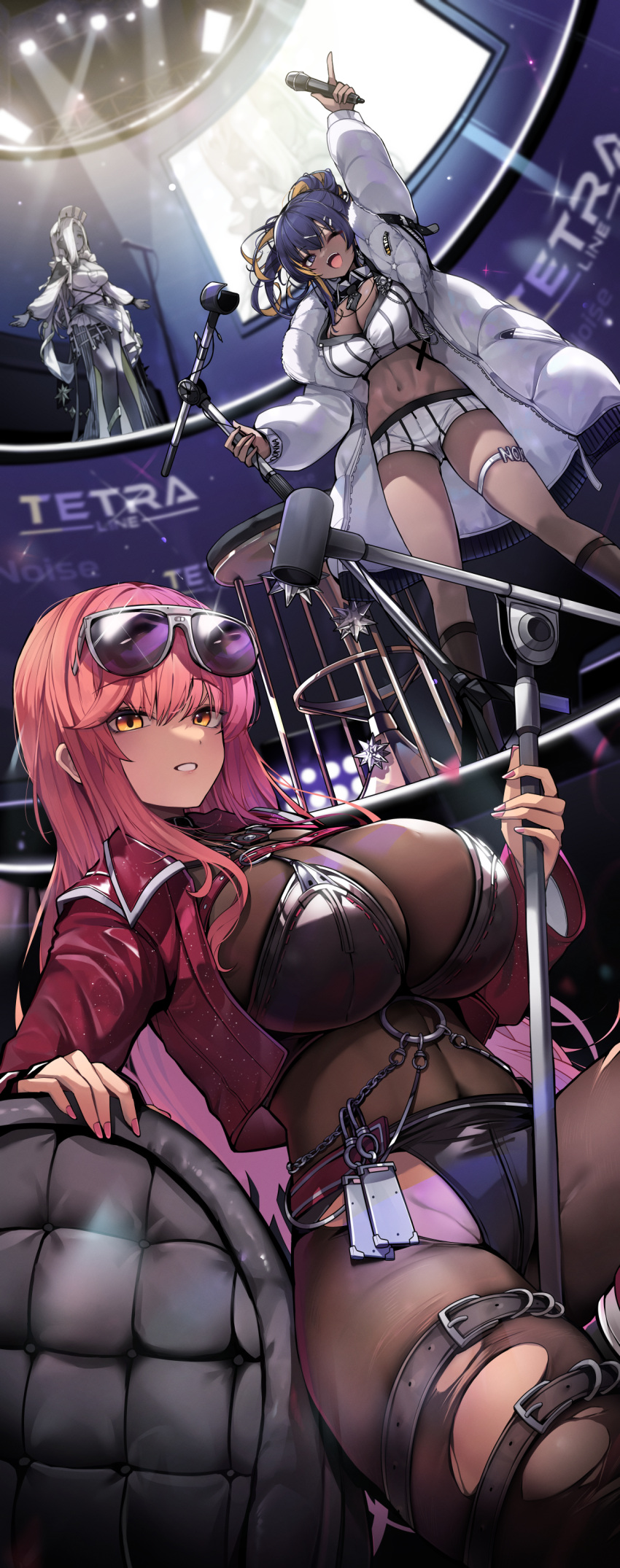 3girls ;d absurdres aria_(nikke) arm_up blonde_hair blue_hair breasts colored_skin dark-skinned_female dark_skin ddangbi eyewear_on_head goddess_of_victory:_nikke grey_skin highres holding holding_microphone jacket large_breasts long_hair long_sleeves looking_at_viewer microphone microphone_stand midriff multiple_girls necktie noise_(classic_diva)_(nikke) noise_(nikke) official_alternate_costume one_eye_closed open_clothes open_jacket open_mouth parted_lips prima_donna_(nikke) red_hair red_jacket short_shorts shorts smile standing stomach striped_clothes sunglasses thigh_strap thighs vertical-striped_clothes vertical-striped_necktie volume_(nikke) white_jacket white_shorts yellow_eyes