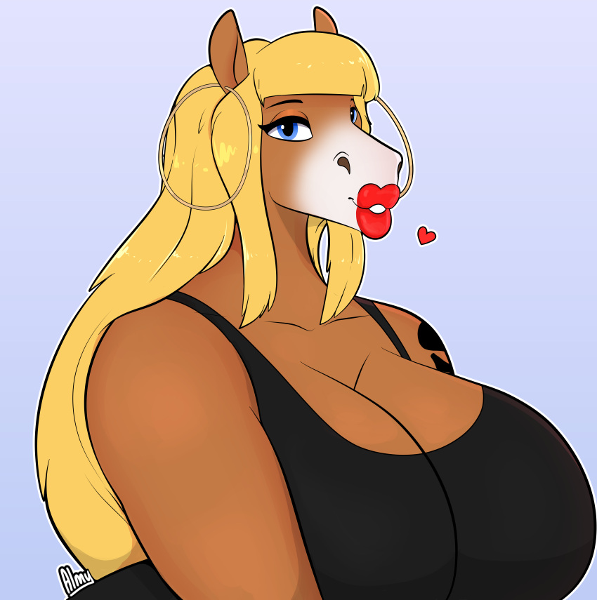 absurd_res almy anthro breasts clothed clothing ear_piercing equid equine female fiona_maray hair heart_symbol hi_res horse lips lipstick makeup mammal piercing red_lipstick simple_background solo thick_lips