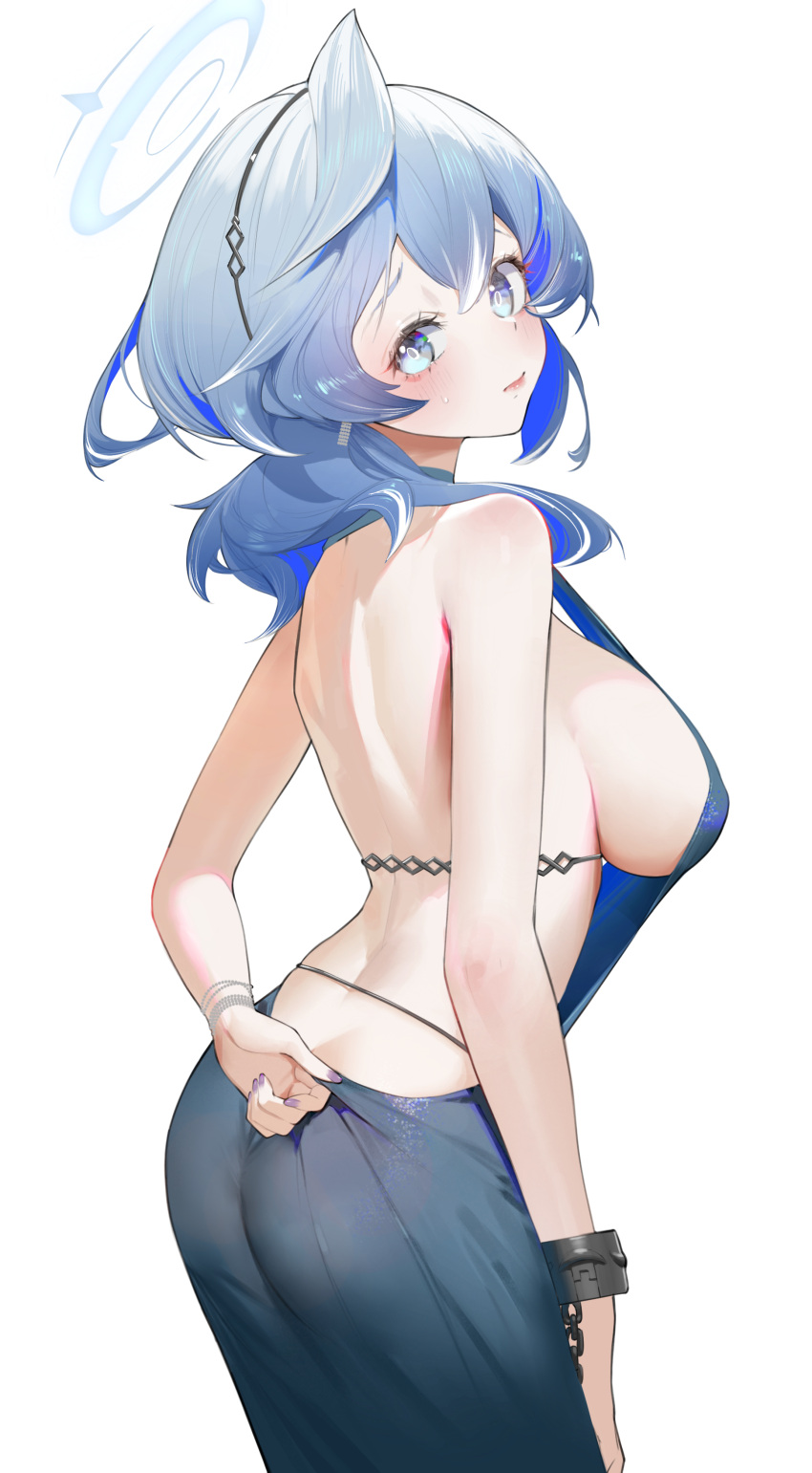 absurdres ako_(blue_archive) ako_(dress)_(blue_archive) annlee ass backless_dress backless_outfit blue_archive blue_eyes blue_hair blue_halo blush breasts closed_mouth commentary cuffs dress female hair_between_eyes halo highres large_breasts long_hair looking_at_viewer official_alternate_costume shackles sideboob simple_background sleeveless sleeveless_dress solo white_background