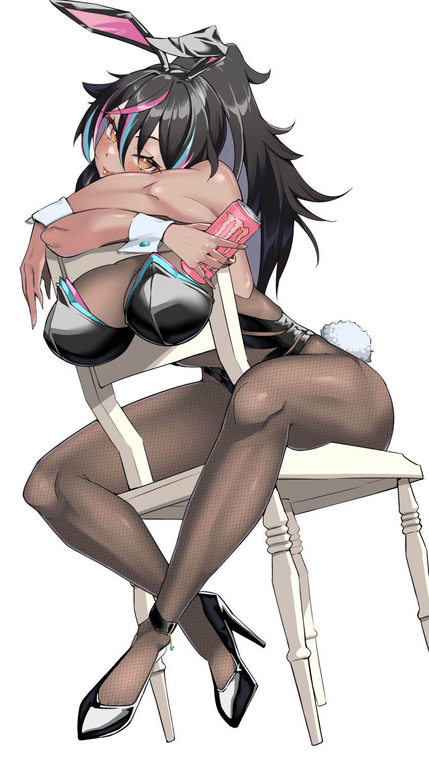 absurdres animal_ears aqua_hair black_footwear black_hair black_leotard blush breasts brown_eyes can chair cleavage commission dark-skinned_female dark_skin fake_animal_ears female fishnet_pantyhose fishnets hair_between_eyes high_heels highres holding holding_can indie_virtual_youtuber large_breasts leotard lips long_hair monster_energy multicolored_hair neon_harper neon_harper_(bunnysuit) nukege_ojisan on_chair pantyhose pink_hair playboy_bunny ponytail rabbit_ears rabbit_tail see-through see-through_cleavage sitting sitting_backwards skeb_commission solo streaked_hair tail virtual_youtuber white_wrist_cuffs wrist_cuffs