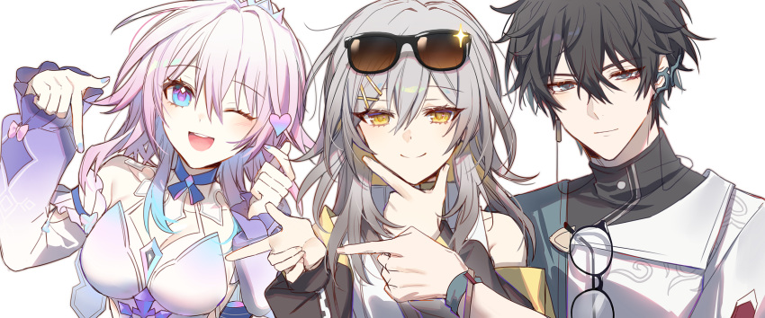 1boy 2girls black_hair commentary dan_heng_(honkai:_star_rail) dan_heng_(next_stop_yi_county)_(honkai:_star_rail) english_commentary eyewear_on_head glasses grey_hair hand_on_own_chin highres honkai:_star_rail honkai_(series) korean_commentary march_7th_(dress)_(honkai:_star_rail) march_7th_(honkai:_star_rail) mixed-language_commentary multiple_girls official_alternate_costume one_eye_closed open_mouth pink_hair pointing smile sp0i0ppp stelle_(honkai:_star_rail) stelle_(world_tour_2023)_(honkai:_star_rail) sunglasses trailblazer_(honkai:_star_rail) white_background yellow_eyes