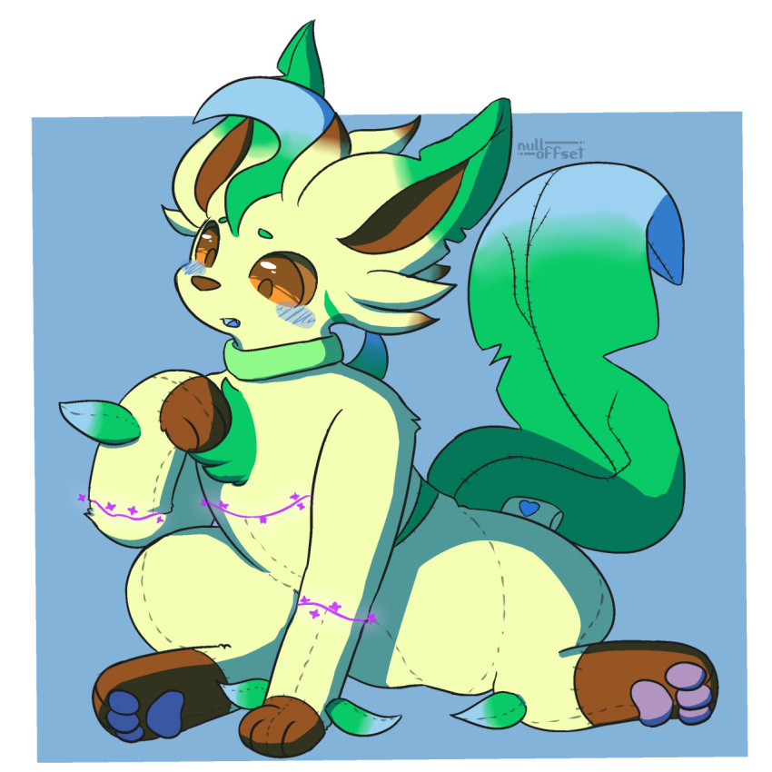 1:1 2021 alternate_version_at_source ambiguous_gender animate_inanimate blush blush_lines brown_eyes chest_tuft collar collar_only eeveelution featureless_crotch feral generation_4_pokemon heart_symbol hi_res leaf leaf_hair leaf_tail leafeon living_plushie looking_at_self magic mid_transformation nintendo nude nulloffset open_mouth pawpads paws plant plant_hair plushie plushie_tag plushie_transformation plushification pokemon pokemon_(species) pseudo_hair signature simple_background sitting sitting_on_ground solo spread_legs spreading stitch_(sewing) tail transformation tuft