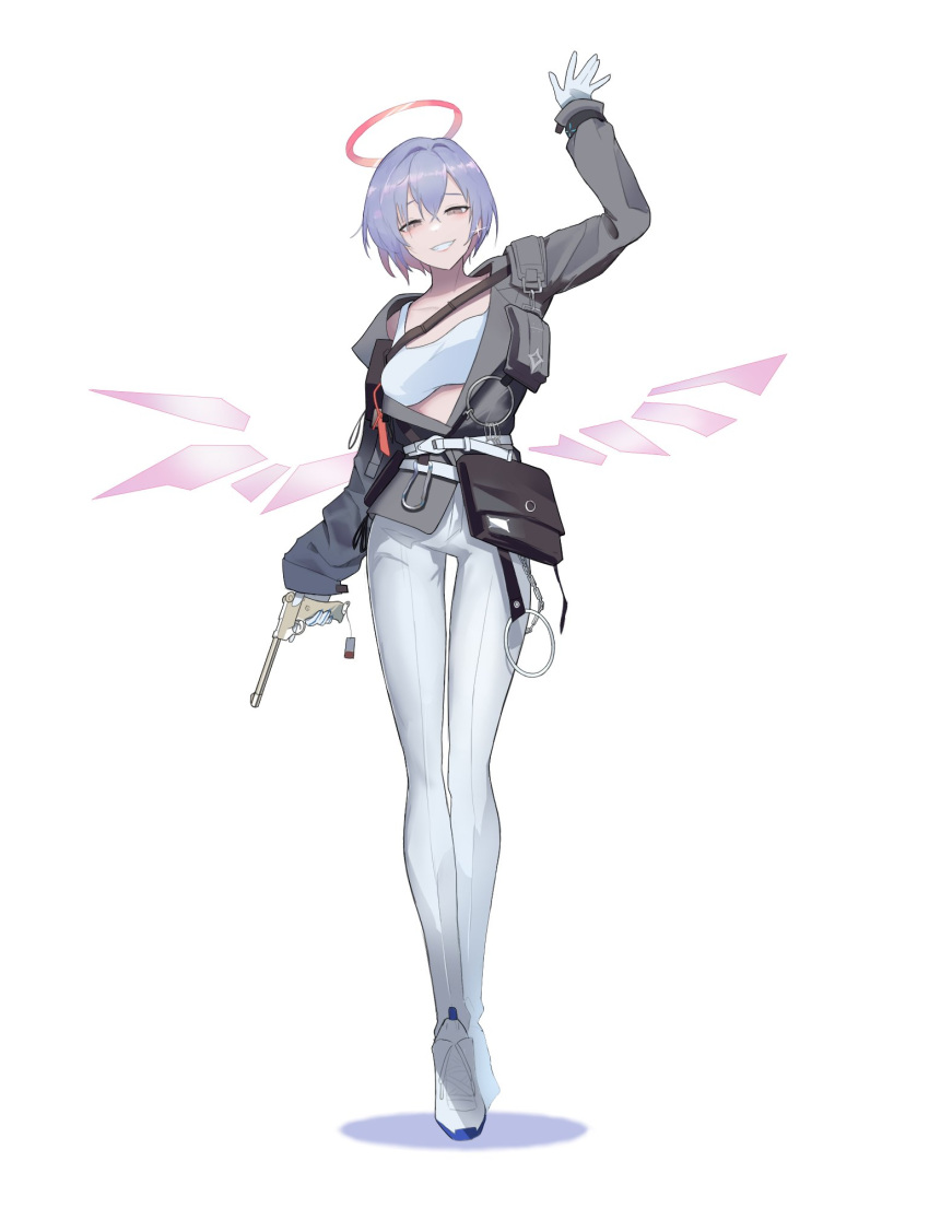 arknights arm_up commentary female full_body gloves grey_hair grey_jacket grin gun halo handgun highres holding holding_gun holding_weapon jacket leggings long_sleeves looking_at_viewer midriff_peek pants shoes short_hair smile solo sports_bra spuria_(arknights) standing vathanyan weapon white_footwear white_gloves white_pants white_sports_bra