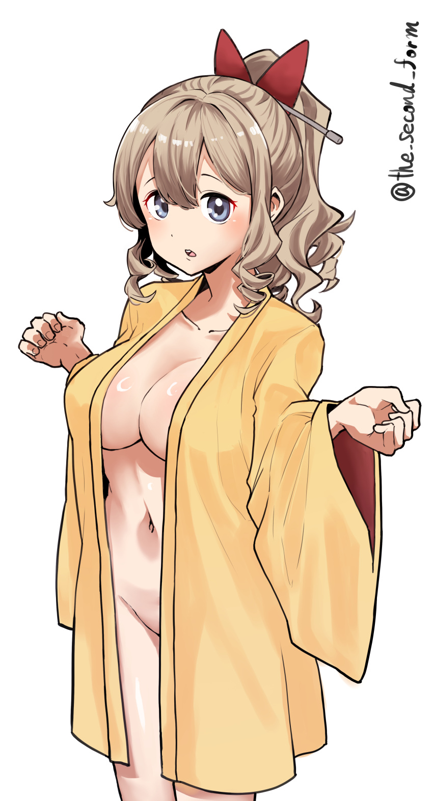 absurdres blue_eyes breasts cowboy_shot drill_hair female hair_between_eyes hair_ribbon haori hatakaze_(kancolle) highres japanese_clothes kantai_collection large_breasts light_brown_hair long_hair navel no_bra no_panties open_mouth ponytail red_ribbon ribbon solo standing the_second_form yellow_haori