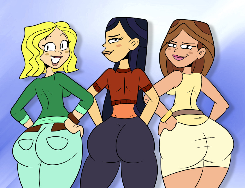 3girls absurdres ass backboob black_eyes blonde_hair blush blush_stickers bracelet breasts brown_hair carrie_(tdi) clothed clothes cowboy_shot dat_ass emma_(tdi) eyelashes female female_only first_porn_of_character half-closed_eyes hands_on_hips highres huge_ass human jeans lipstick long_hair medium_breasts multiple_females pink_lipstick scobionicle99 short_hair sideboob skin_tight skirt standing taylor_(tdi) the_ridonculous_race thick_thighs total_drama_island very_long_hair wavy_hair wide_hips