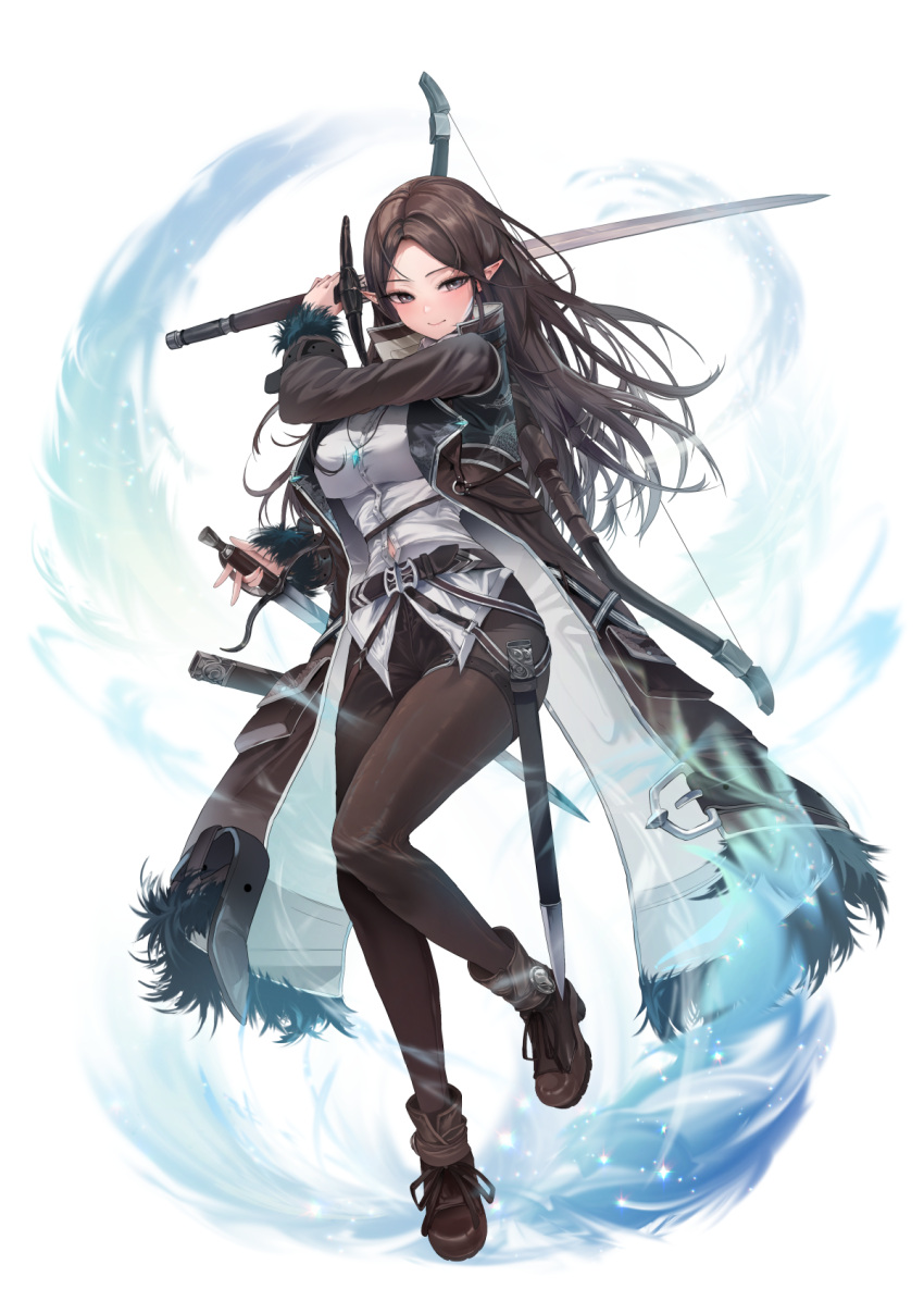 belt breasts brown_eyes brown_hair coat dragon_raja dual_wielding female highres holding holding_sword holding_weapon large_breasts long_coat long_hair looking_at_viewer official_art open_clothes open_coat pants pointy_ears solo sword tight_clothes tight_pants weapon zerocat