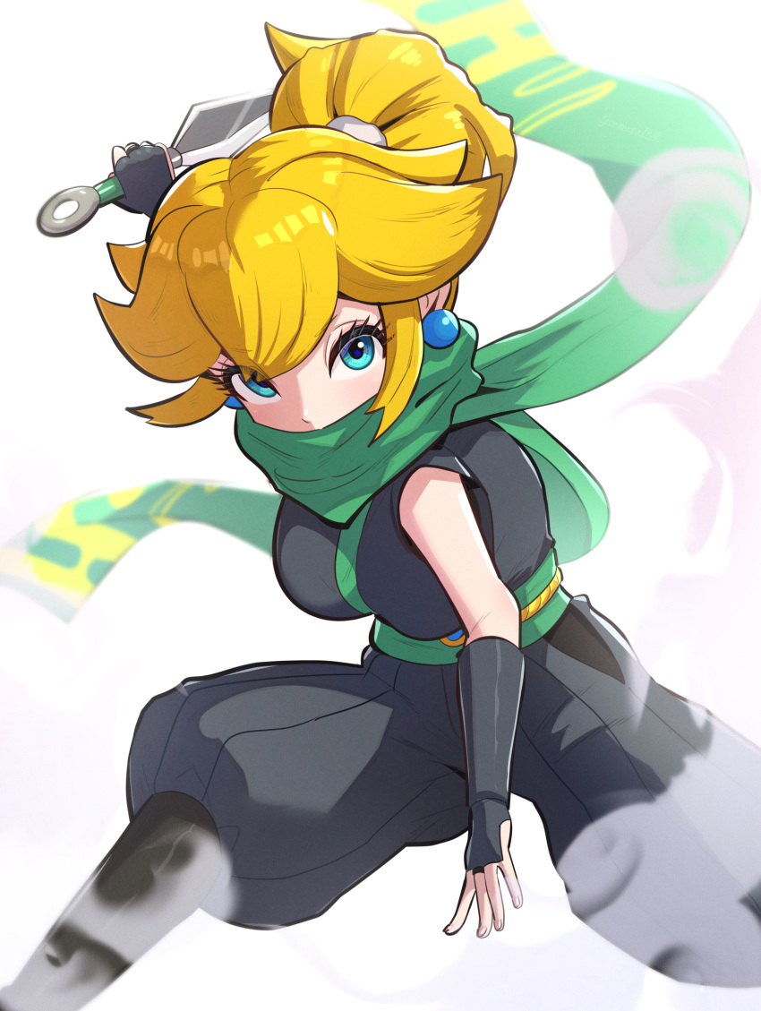 blonde_hair blue_eyes earrings eyelashes female gonzarez green_scarf highres jewelry kunai mario_(series) ninja ninja_peach official_alternate_costume ponytail princess_peach princess_peach:_showtime! scarf simple_background sleeveless smoke solo sphere_earrings weapon