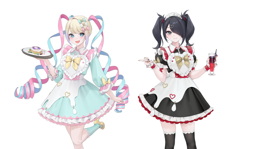 2girls ame-chan_(needy_girl_overdose) black_eyes black_hair black_thighhighs blonde_hair blue_bow blue_hair bow chouzetsusaikawa_tenshi-chan cup dress drill_hair frilled_dress frills hair_ornament hair_over_one_eye hairbow heart heart_hair_ornament highres holding holding_cup holding_tray long_hair looking_at_viewer maid_headdress multicolored_hair multiple_girls multiple_hair_bows needy_girl_overdose official_art ohisashiburi pink_bow pink_hair short_hair simple_background sweets_paradise thighhighs tray twin_drills twintails white_background wrist_cuffs yellow_bow