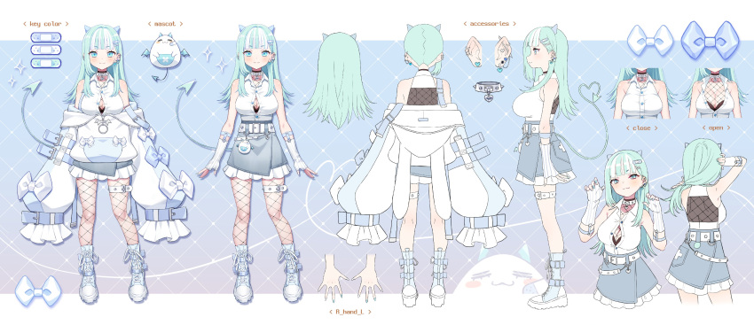 :3 absurdres aqua_hair arm_up bandaid bandaid_hair_ornament bare_shoulders blue_eyes blunt_bangs blush claw_pose closed_mouth commentary_request cross-laced_footwear ear_bar ear_piercing female fingerless_gloves fishnet_pantyhose fishnets food food_in_mouth from_behind from_side full_body gloves hair_ornament hands_up highres holding_own_hair jacket kneepits kunikune long_hair long_sleeves looking_at_viewer melonyx multicolored_hair multiple_views pantyhose piercing pocky pocky_in_mouth puffy_long_sleeves puffy_sleeves reference_sheet shirt skirt sleeves_past_fingers sleeves_past_wrists standing streaked_hair thigh_strap upper_body vaswawa virtual_youtuber white_footwear white_gloves white_hair white_jacket white_shirt white_skirt x_hair_ornament