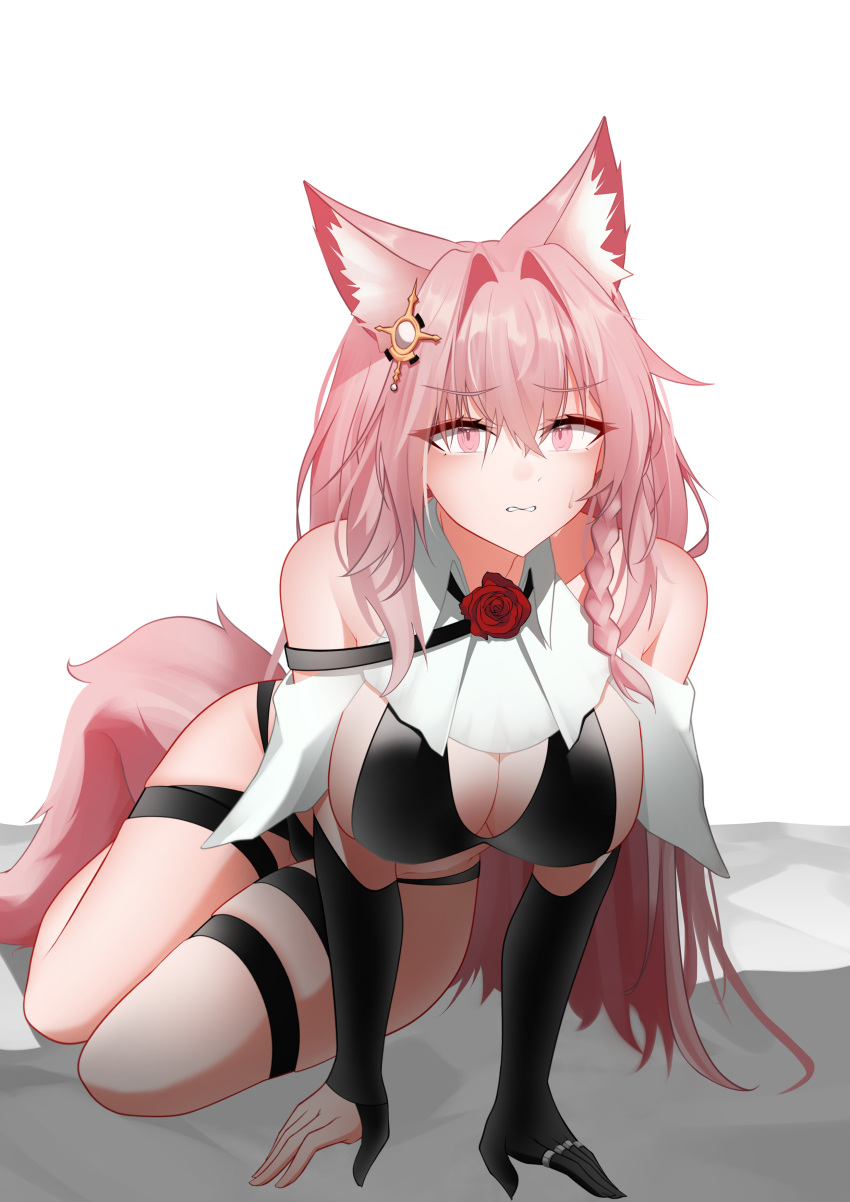 absurdres all_fours animal_ear_fluff animal_ears arknights black_gloves bra braid breasts cleavage epitaph_(ryaf8834) female gloves hair_ornament highres large_breasts long_hair pink_eyes pink_hair pozyomka_(arknights) red_skirt skirt underwear very_long_hair wolf_ears wolf_girl