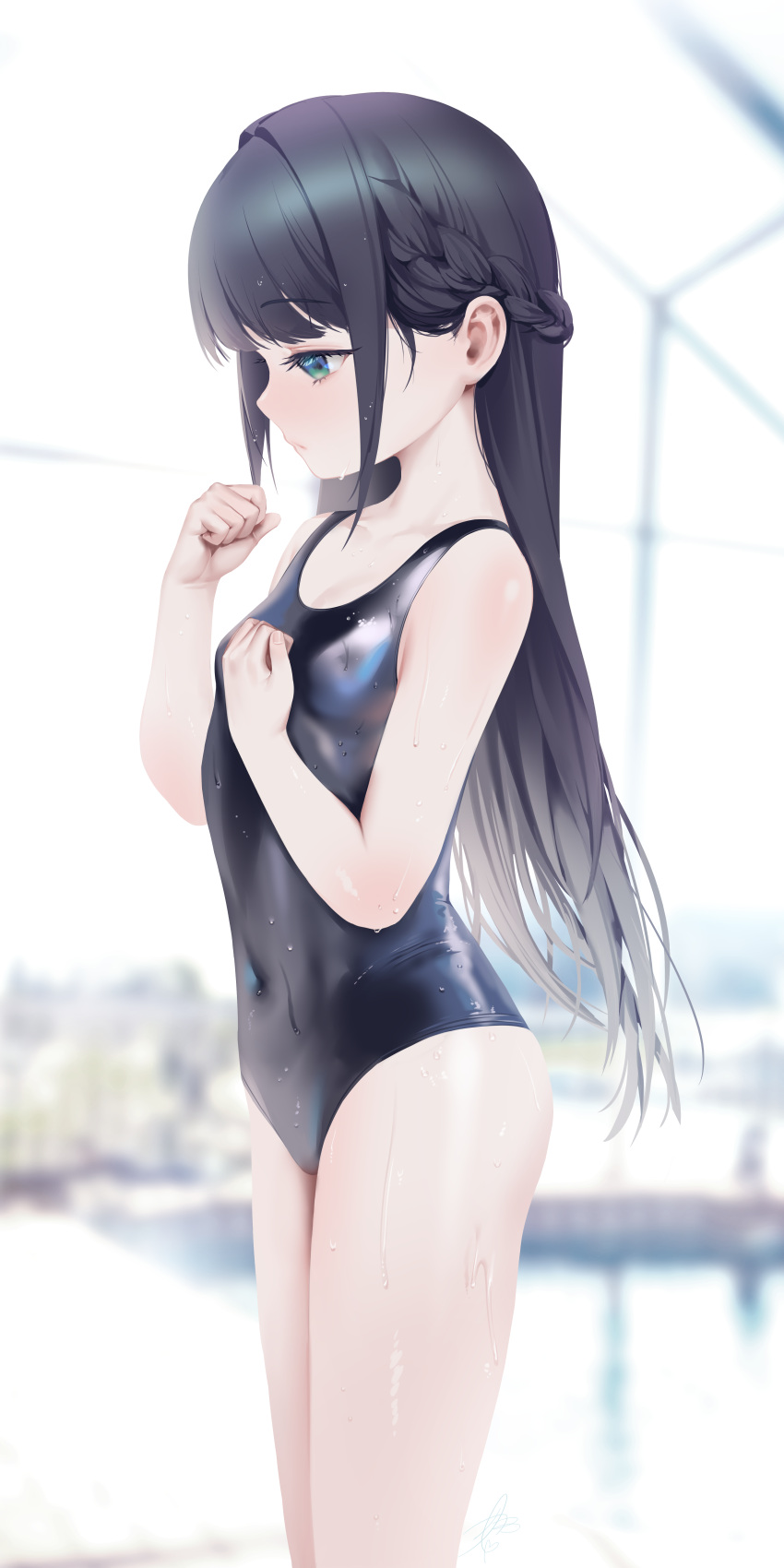 absurdres andvari_(last_origin) black_hair black_one-piece_swimsuit blue_eyes braid breasts character_name covered_navel female french_braid highres last_origin long_hair one-piece_swimsuit school_swimsuit small_breasts solo standing swimsuit teddyellow