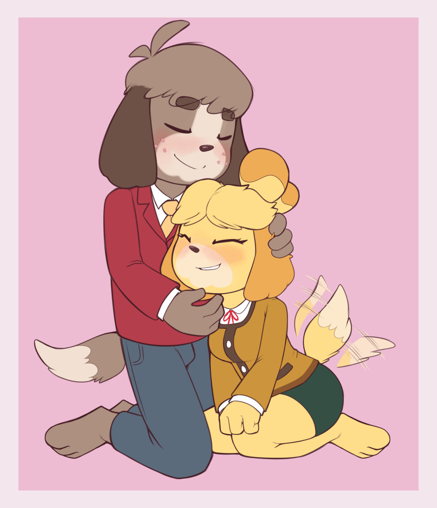 absurd_res animal_crossing anthro blush border bottomwear brother_(lore) brother_and_sister_(lore) canid canine canis chin_scratch clothing digby_(animal_crossing) domestic_dog duo female fraternal_twins hand_on_ear hi_res isabelle_(animal_crossing) male mammal necktie nintendo petting pink_border porldraws scratches shih_tzu sibling_(lore) simple_background sister_(lore) skirt tail tail_motion tailwag toy_dog twins_(lore)