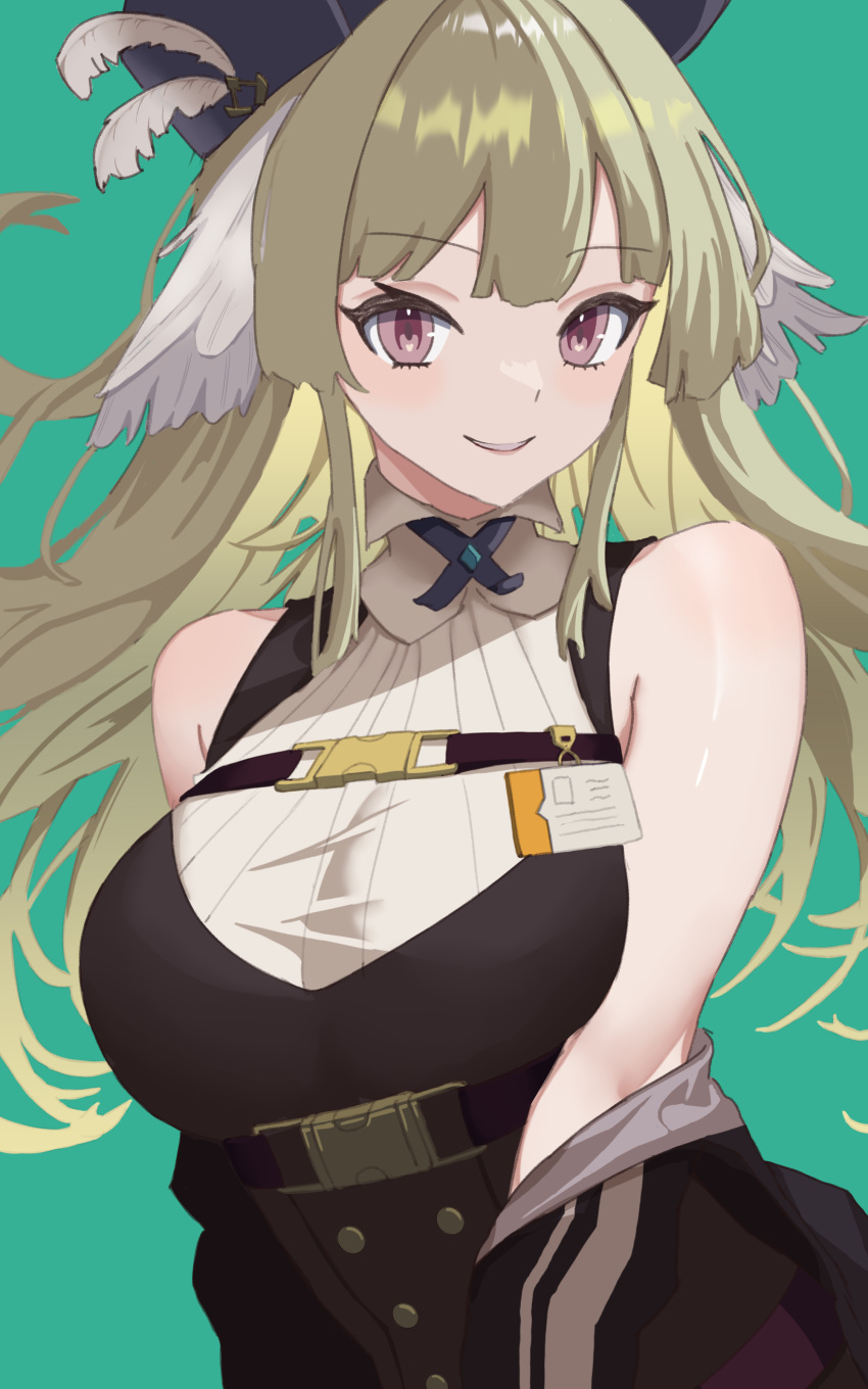 absurdres arknights bare_shoulders binware black_headwear breasts feathers female green_background green_hair hat_feather highres long_hair looking_at_viewer poncirus_(arknights) purple_eyes shirt simple_background sleeveless sleeveless_shirt smile solo upper_body white_feathers