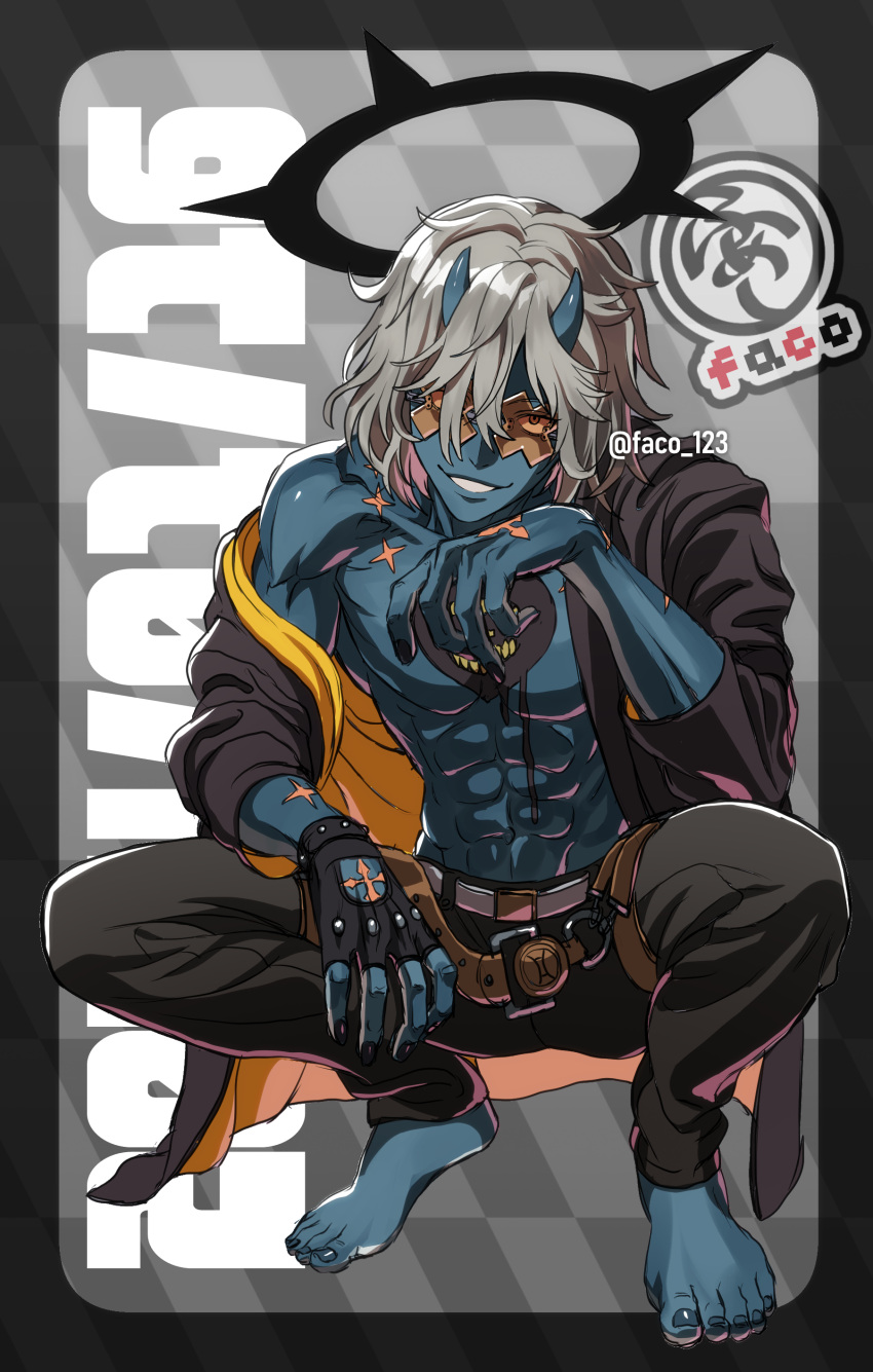 1boy absurdres black_gloves black_halo blue_horns blue_skin chest_tattoo colored_skin dark_halo faco fingerless_gloves gloves grey_hair guilty_gear guilty_gear_strive hair_between_eyes halo happy_chaos heart heart_tattoo highres horns long_sleeves looking_at_viewer male_focus orange-tinted_eyewear smile spiked_halo tattoo tinted_eyewear x-shaped_eyewear