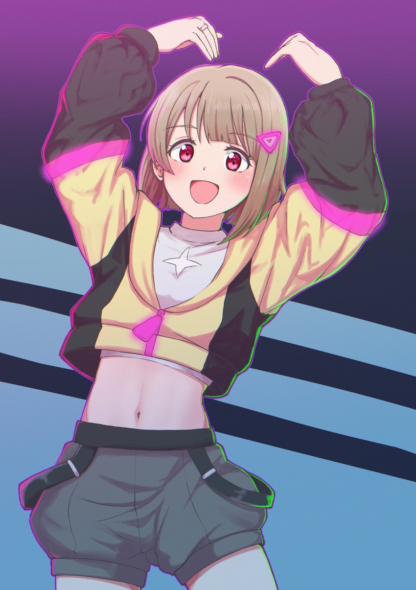 brown_hair crop_top cropped_jacket female grey_shorts hair_ornament highres long_sleeves looking_at_viewer love_live! love_live!_nijigasaki_high_school_idol_club midriff nakasu_kasumi navel open_mouth red_eyes short_hair short_shorts shorts smile solo taiyakippassion