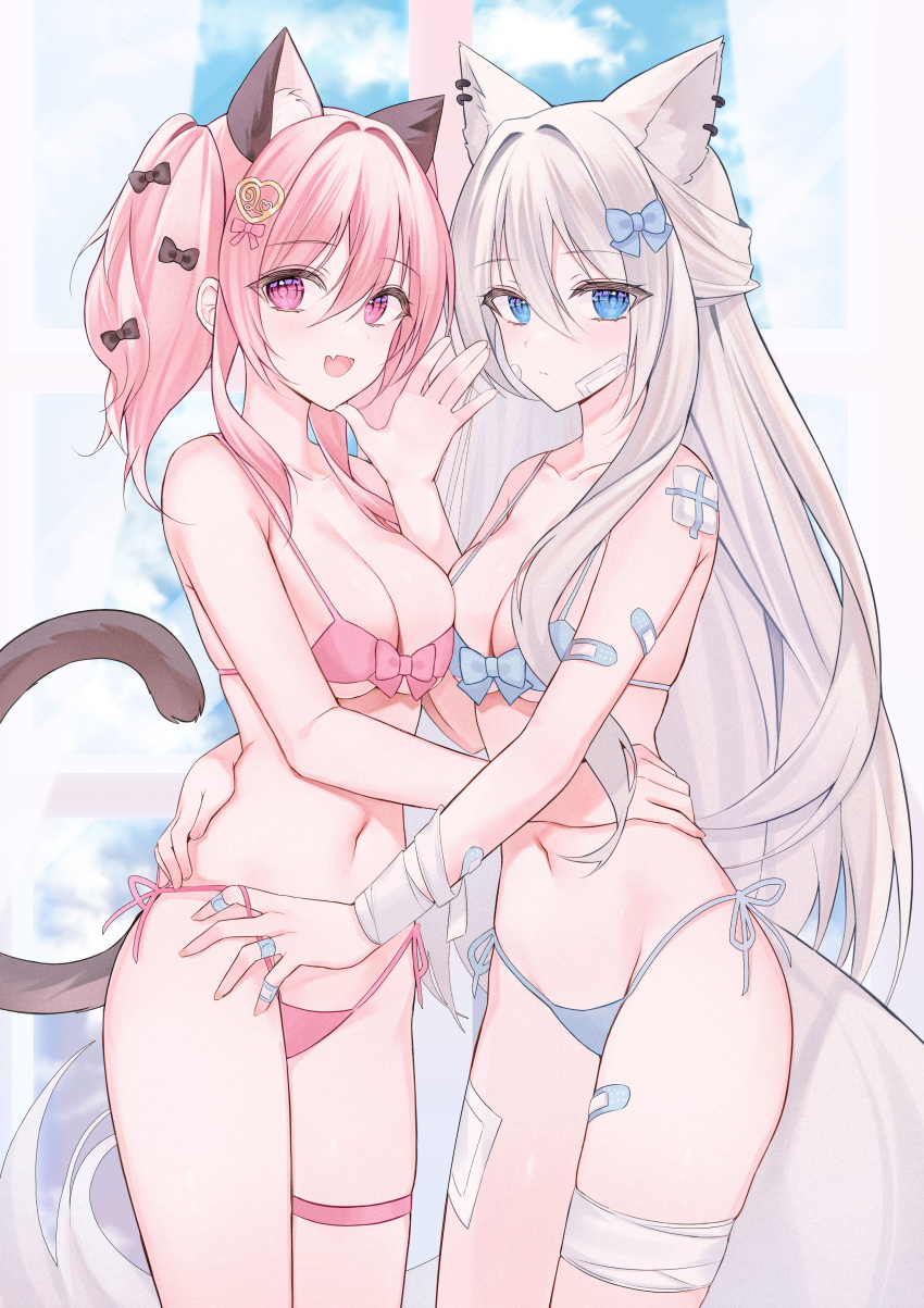 2girls :d absurdres animal_ear_fluff animal_ears aqua_eyes asymmetrical_docking bandage_on_face bandaged_arm bandaged_leg bandages bandaid bandaid_on_arm bandaid_on_face bandaid_on_hand bandaid_on_leg bare_shoulders bikini bikini_pull black_bow blue_bow blue_eyes blue_hair blush bow bow_bikini breast_press breasts cat_ears cat_girl cat_tail cleavage clothes_pull collarbone commentary cowboy_shot curtains day ear_piercing front-tie_bikini_top front-tie_top grey_hair groin hair_between_eyes hair_intakes hair_ornament hairbow hairclip halterneck hand_up heart heart_hair_ornament highres indoors large_breasts long_hair looking_at_viewer medium_breasts micro_bikini multiple_girls navel oerba_yun_fang open_mouth original piercing pink_bow pink_hair pulling_another's_clothes side-tie_bikini_bottom skin_fang smile standing stomach string_bikini string_pull striped_bikini striped_clothes swimsuit symbol-only_commentary tail thighs twintails very_long_hair waving window wolf_ears wolf_girl wolf_tail yagen_(user_mxur3238)