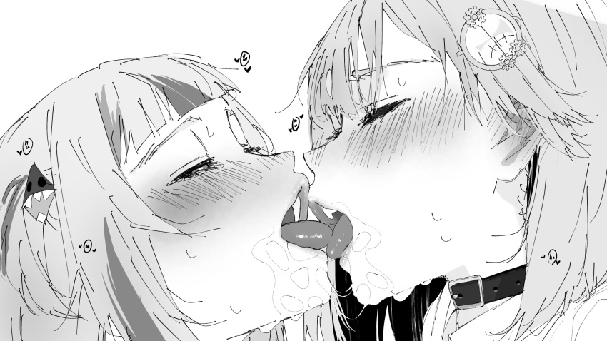 2girls black_choker blunt_bangs blush bob_cut carrot_011 choker closed_eyes collar french_kiss gawr_gura greyscale hair_ornament highres hololive hololive_english kissing magnifying_glass monochrome multicolored_hair multiple_girls one_side_up open_mouth saliva shirt short_hair streaked_hair virtual_youtuber watson_amelia white_shirt yuri