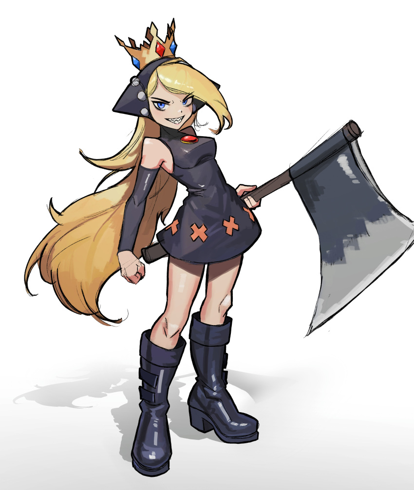 absurdres axe bare_shoulders black_dress black_footwear black_sleeves blonde_hair blue_eyes boots brooch clenched_hand crown detached_sleeves dress female full_body grin highres holding holding_axe holding_weapon hooded_dress izumi-is-blah jewelry knee_boots long_hair looking_at_viewer mario_(series) mario_power_tennis mario_tennis shadow sharp_teeth simple_background sleeveless sleeveless_dress smile solo teeth warupeach weapon white_background