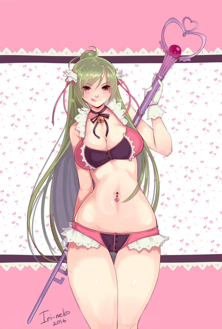 2016 bikini bishoujo_senshi_sailor_moon blush cleavage female gloves green_hair iri-neko licking_lips long_hair navel navel_piercing piercing purple_eyes sailor_pluto setsuna_meioh smile solo standing thigh_gap tongue_out