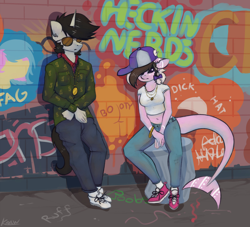 2017 5_fingers anthro ashee_cakes_(ashee) clothed clothing digital_media_(artwork) duo equid equine fan_character female fingers fish front_view full-length_portrait fully_clothed graffiti hair hasbro hi_res horn horse hybrid jewelry male mammal marine marsminer midriff my_little_pony mythological_creature mythological_equine mythology necklace pone_keith pony portrait profanity shark snout unicorn