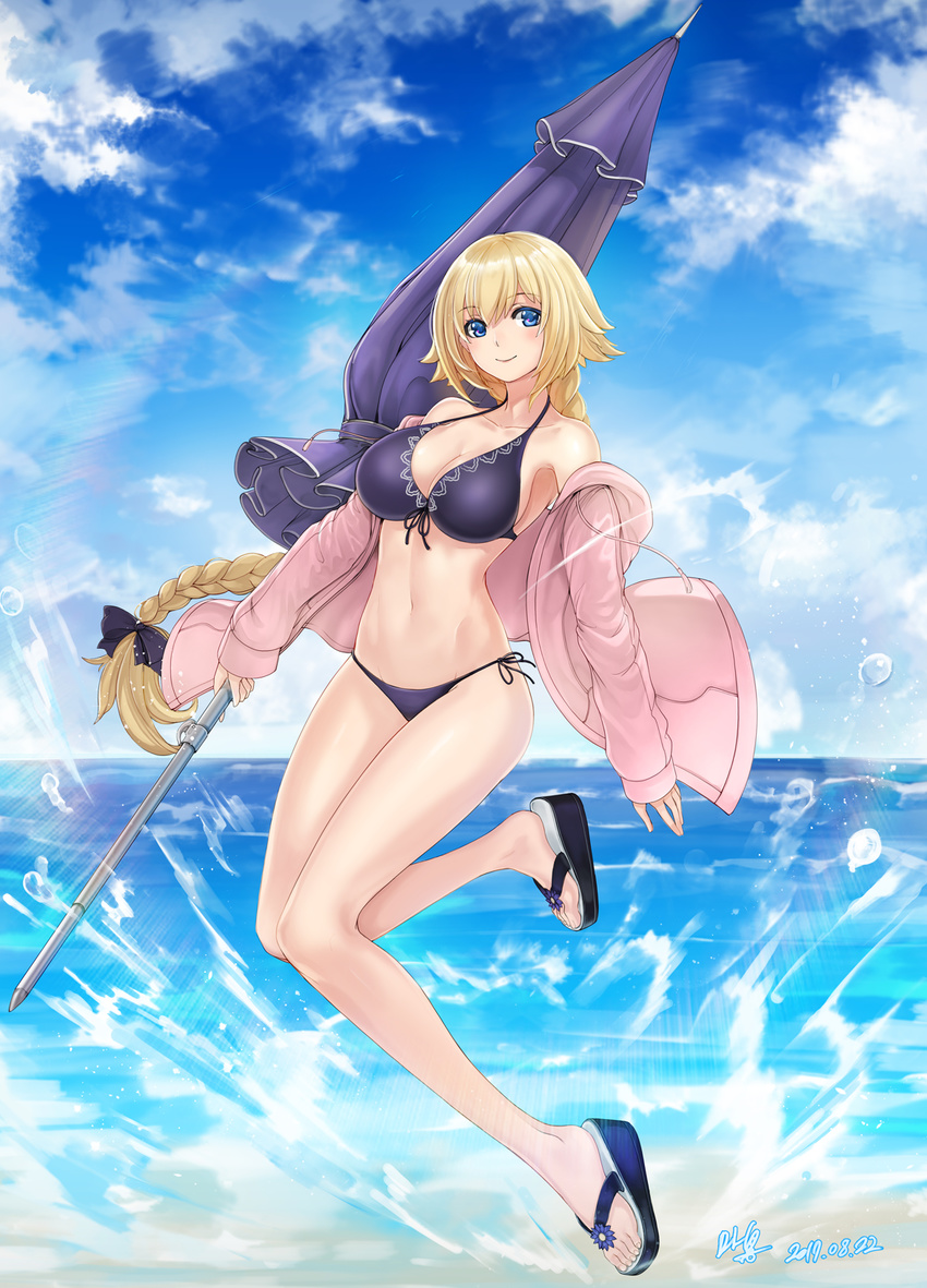 artist_name bad_id bad_pixiv_id beach bikini black_bow blonde_hair blue_bikini blue_eyes blue_sky blush bow braid breasts cleavage closed_mouth cloud cloudy_sky collarbone commentary_request day fate/apocrypha fate/grand_order fate_(series) female flip-flops front-tie_bikini_top front-tie_top full_body hairbow highres hood hoodie jeanne_d'arc_(fate) jeanne_d'arc_(white_cruising)_(fate) large_breasts long_hair looking_at_viewer mhg_(hellma) navel ocean open_clothes open_hoodie outdoors sandals side-tie_bikini_bottom sidelocks signature single_braid sky smile solo swimsuit tareme thighs very_long_hair