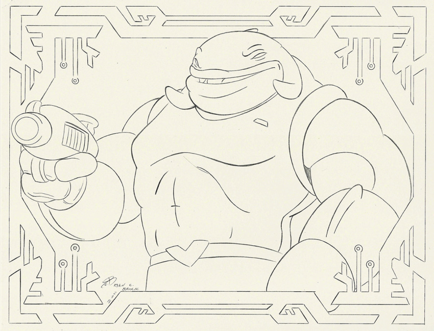 2019 3_fingers alien bracelet clothed clothing disney fingers gantu gun holding_gun holding_object holding_ranged_weapon holding_weapon jewelry lilo_and_stitch line_art male muscular muscular_male open_mouth plasma_blaster_(lilo_and_stitch) plasma_gun ranged_weapon rcbrock signature solo uniform weapon