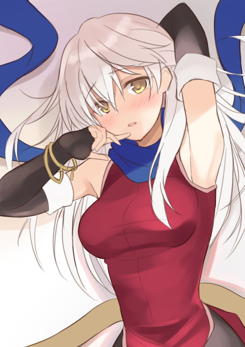 armpits bangle bare_shoulders black_gloves blue_scarf blush bracelet commentary_request dress elbow_gloves female fingerless_gloves fire_emblem fire_emblem:_radiant_dawn gloves grey_hair half_updo hand_on_own_chin highres jewelry long_hair looking_at_viewer micaiah_(fire_emblem) scarf shiyo_yoyoyo side_slit simple_background sleeveless sleeveless_dress smile solo upper_body white_hair yellow_eyes