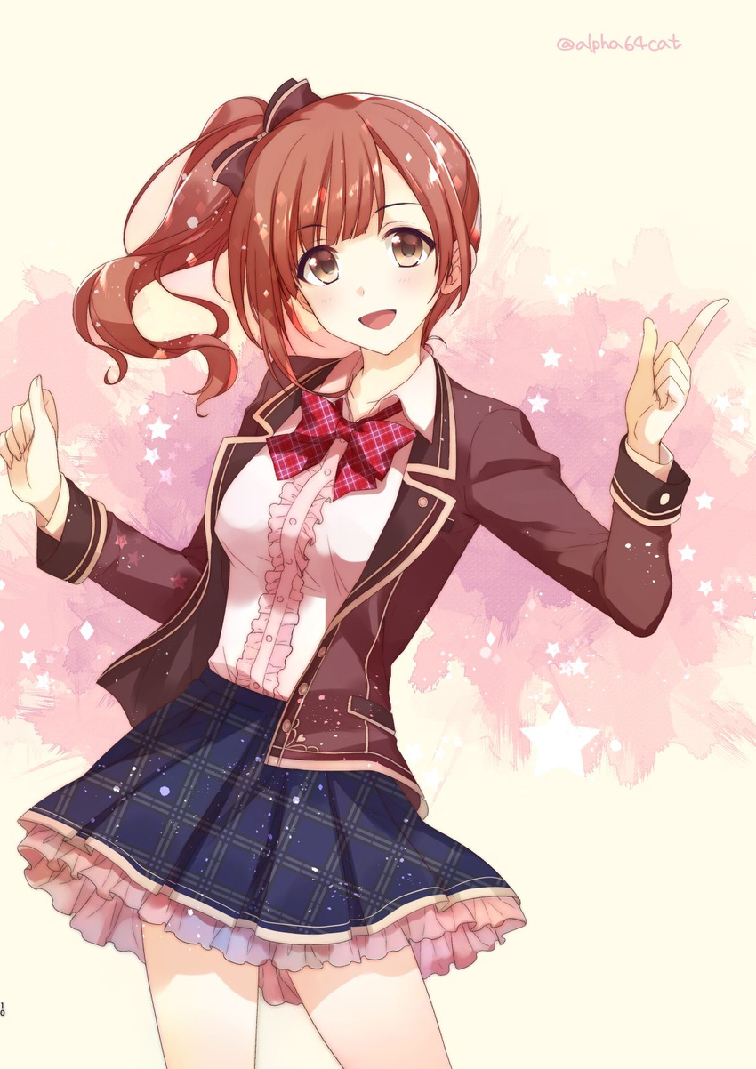 :d alpha_(yukai_na_nakamatachi) blazer bow brown_eyes brown_hair center_frills commentary_request diamond_(shape) female frilled_skirt frills hairbow highres idolmaster idolmaster_cinderella_girls igarashi_kyoko index_finger_raised jacket jpeg_artifacts love_letter_(idolmaster) open_clothes open_jacket open_mouth plaid plaid_bow school_uniform side_ponytail signature skirt smile solo star_(symbol) twitter_username yellow_background