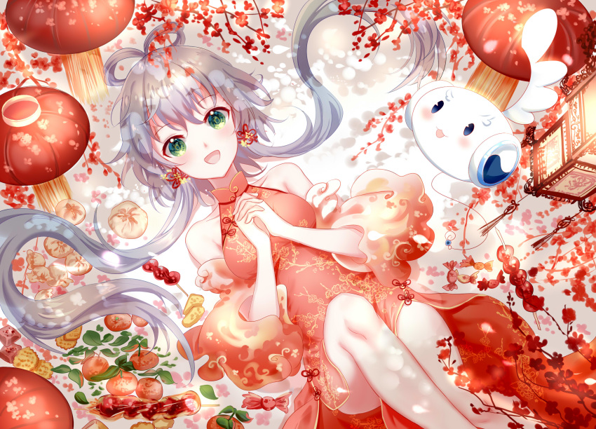 :d candy china_dress chinese_clothes chinese_new_year collarbone commentary cookie creature detached_sleeves dress dumpling female floating_hair food from_above fruit green_eyes grey_hair hair_between_eyes hair_rings highres lantern long_hair looking_at_viewer luo_tianyi lying mushroom on_back open_mouth own_hands_clasped own_hands_together paper_lantern red_dress red_theme short_hair_with_long_locks sleeveless sleeveless_dress smile tanghulu tian_dian very_long_hair vocaloid vsinger yaduo