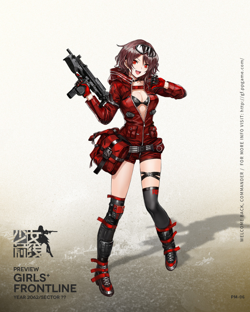 arm_strap asymmetrical_footwear bag belt belt_boots black_bra black_choker black_thighhighs boots bra breasts buckle character_name choker cleavage clenched_hand clothes_writing collarbone copyright_name female full-length_zipper full_body girls'_frontline gloves goggles goggles_on_head gun hand_up head_tilt highres holding holding_gun holding_weapon hood hood_down infukun jumpsuit knee_boots knee_pads logo looking_at_viewer medium_breasts official_art open_mouth partially_unzipped pink_hair pm-06 pm-06_(girls'_frontline) promotional_art red_eyes red_jumpsuit shin_guards short_hair short_hair_with_long_locks short_jumpsuit sidelocks single_knee_boot single_knee_pad skindentation smile solo submachine_gun thigh_strap thighhighs thighs trigger_discipline underwear uneven_footwear wavy_hair weapon zipper zipper_pull_tab