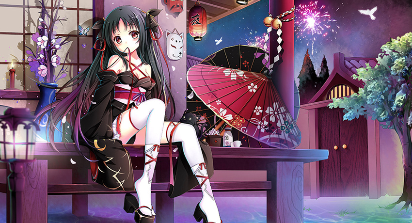 bare_shoulders black_hair blush breasts cleavage detached_sleeves feline female fireworks gyaza hair_ribbon japanese_clothes kimono long_hair machine-doll_wa_kizutsukanai mask medium_breasts mouth_hold obi oil-paper_umbrella photoshop_(medium) porch red_eyes ribbon sash solo thighhighs umbrella white_thighhighs yaya_(machine-doll)